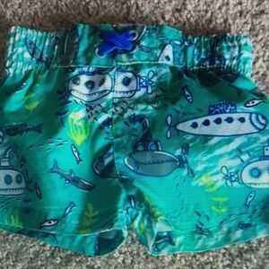Kids Swim Trunks with Submarine Print - Green